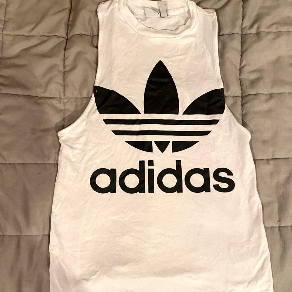 Adidas White Muscle Tank with Black Trefoil Logo